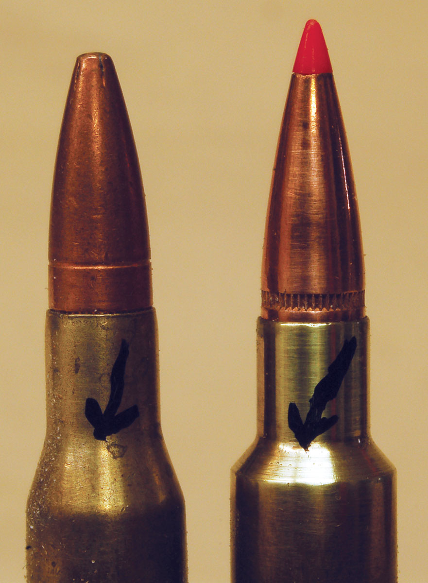 Arrows point to the neck/shoulder junction of the 280 Remington (left) and the original 280 AI (right). The length to the base on both rounds is the same, but it has been shortened on the Nosler 280 AI.